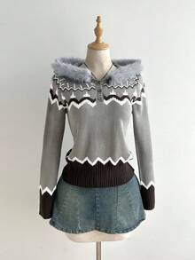 Flirla Women's Casual Geometric Pattern Hooded Sweater With Fur Collar Christmas - Multicolor - View 4