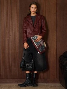 2025 Easelle Red Pu Jacket With Peaked Collar Retro Red Distressed White Effect Back Five-Pointed Star Patch Jacket 2025 Retro Wine Red - Burgundy - View 6