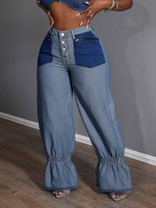 Slaydiva Quần jean ống rộng thời trang cạp cao thiết kế khóa kéo viền nhún cho nữ cỡ lớn - Rửa tối - Xem 5