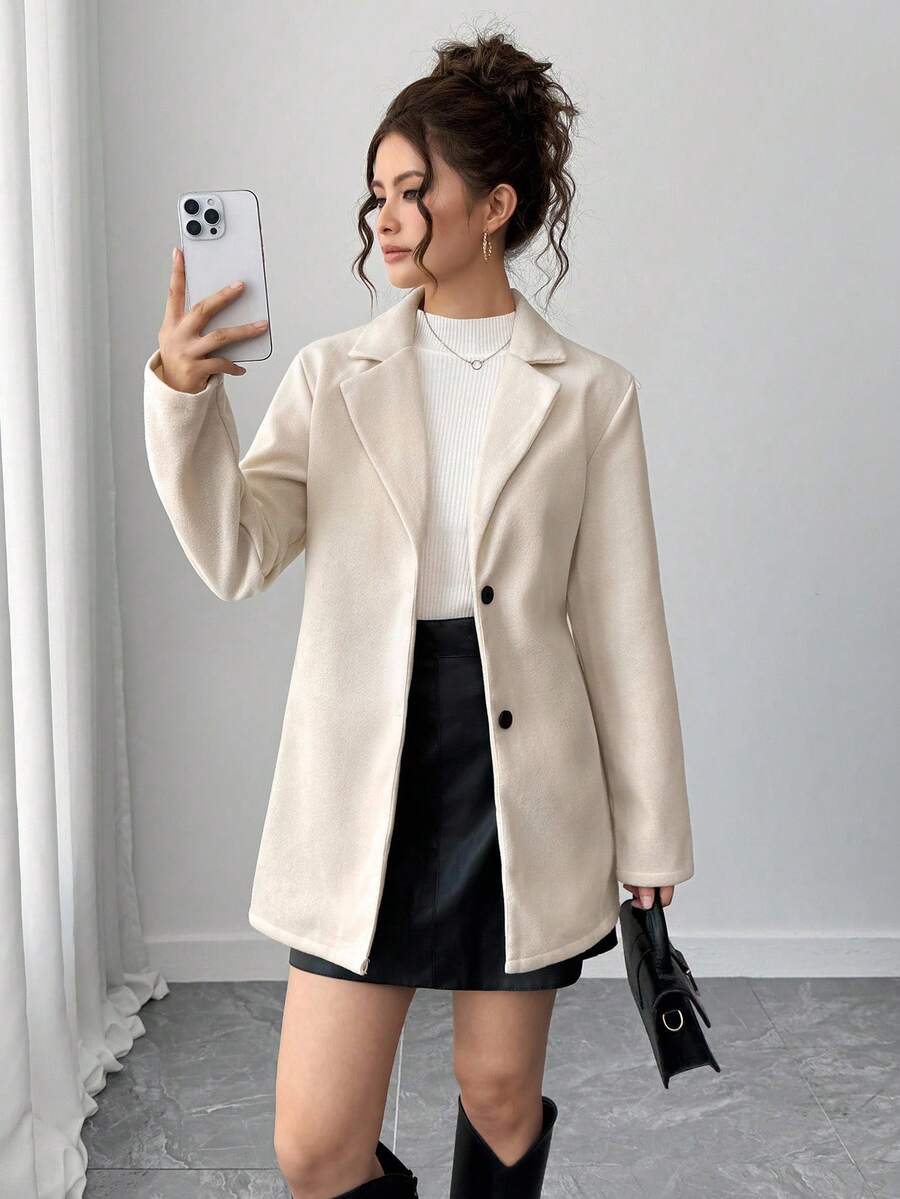 Sparklyn Elegant Jacket For Teen Girl Casual & Versatile, Featuring Belt Waist, Lapel Collar, Black Button Closure, Suitable For School, Commute, Shopping, Walking, Can Be Paired With Pants, Sweatpants, Long Sleeve Tops, Sweaters Fall Winter - Apricot - View 1