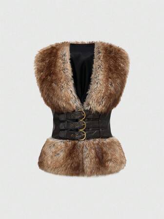 Grunge Punk Veste sans manches en patchwork de fausse fourrure et de cuir PU coloré style Y2K pour femmes