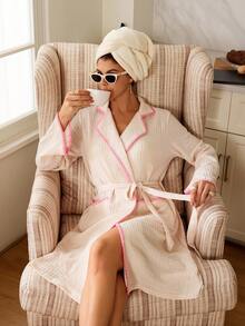 Women's Casual Midi Robe With Pink Contrast Binding And Pockets Flare Sleeve Knitted Fabric Loungewear Cozy And Elegant Details, For Fall & Winter Outfit - Beige - View 6