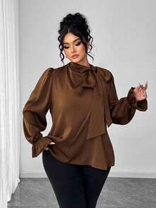 Elenzga Plus Size Elegant Commuter Solid Color Satin Collar Tie Neck Blouse Fall - Chocolate Brown - View 4