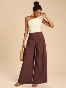 Travachic Women's Casual Solid Color Pleated High Waist Loose Brown Wide Leg Pants, Elegant Pant, Casual Style,Going Out Outfits