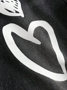 Girlism Jeans anchos y sueltos de mezclilla negros con patrón de corazones blancos de moda Y2K para niña preadolescente, para otoño e invierno, uso diario, Halloween, Navidad