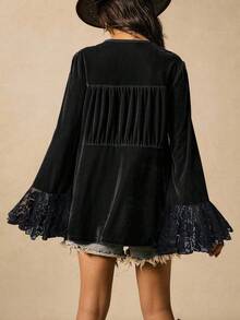 SHEIN EZwear 大码女式黑色蕾丝长袖衬衫，秋冬款 - 黑色 - 查看 2