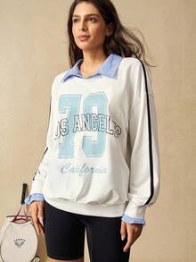 VARSIVA Women's Letter Print Drop Shoulder Long Sleeve Loose Fit Sweatshirt - Multicolor - View 1