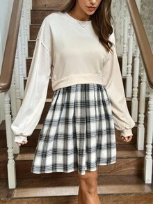 LanaWest Western Style A-Line Pleated Plaid Patchwork Round Neck Long Sleeve Women Short Dress