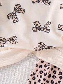 2pcs Baby Girls Knitted Ruffle Trim Long Sleeve Leopard Print Bow Sweatshirt & Leopard Print Long Sleeve Outfit, Fashionable Casual Children Everyday Wear - Apricot - View 7