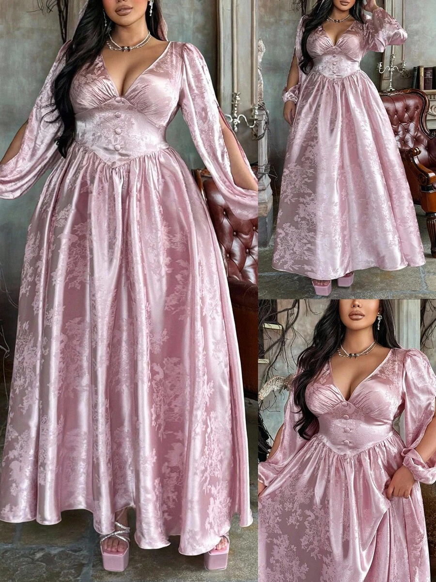 Lyrianda Plus Size Women's V-Neck Waist Cinched Long Sleeve Flowing Satin Textured Elegant Vintage Casual Cocktail Party Dress