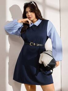 Zelara Plus-Size Women'S Autumn And Winter Color-Blocked Shirt Collar Long-Sleeved Casual Dress, Thanksgiving Outfit, Holiday Party Dress, Women'S Party Dress, Christmas Dress, Christmas Costume, Women'S Winter Clothing, Winter Dress, Women'S Autumn And Winter Comfortable Autumn And Winter Clothing, Women'S Dress, Women'S Autumn And Winter Christmas Costume, Women'S New Year Dress, New Year Clothing, New Year Costume, Party Dress, Elegant Party Dress, Sequined Dress, Plaid Dress, Blue Dress, Retro Style Dress. - Multicolor - View 2