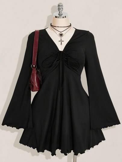 SHEIN ICON Women's Plus Size Autumn And Winter Warm Sexy Simple And Elegant Chest Gathered Tie Trumpet Sleeves V-Neck Slim Loose Hem Black Knitted Mini Dress