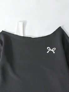 Sparklyn 少女蝴蝶结印花不对称露肩不对称下摆休闲卫衣 - 深灰色 - 查看 3