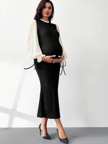 MaterniWear Roupas de Trabalho para Gestantes, Roupas de Trabalho para Gestantes, Vestidos para o Trabalho, Roupas de Outono, Roupas de Outono/Inverno para Gestantes, Vestido Elegante Ajustado com Babados em Blocos de Cores, Gola Alta, Manga Lanterna e Barra Cauda de Sereia para Gestantes, Vestido Maxi de Tricô, Vestidos de Tricô para Mulheres, Vestido Longo Casual, Vestido Suéter Modesto, Vestido de Gestante, Vestido para Gestantes, Roupas de Gravidez, Looks para Gestantes, Vestido de Amamentação - Preto - Ver 5