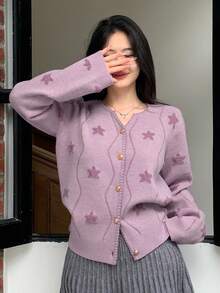 DAZY Áo khoác cardigan dệt kim họa tiết ngôi sao thời trang công sở rộng rãi cho nữ, họa tiết khối màu sọc mảnh, nút kim loại trang trí, phù hợp cho mùa thu đông - Màu tím - Xem 5