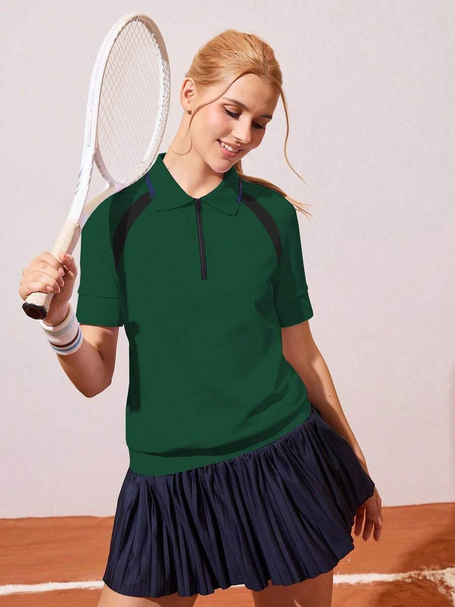 CourtClass 女式拼色 Polo 领短袖运动上衣 - 綠色 - 查看 1