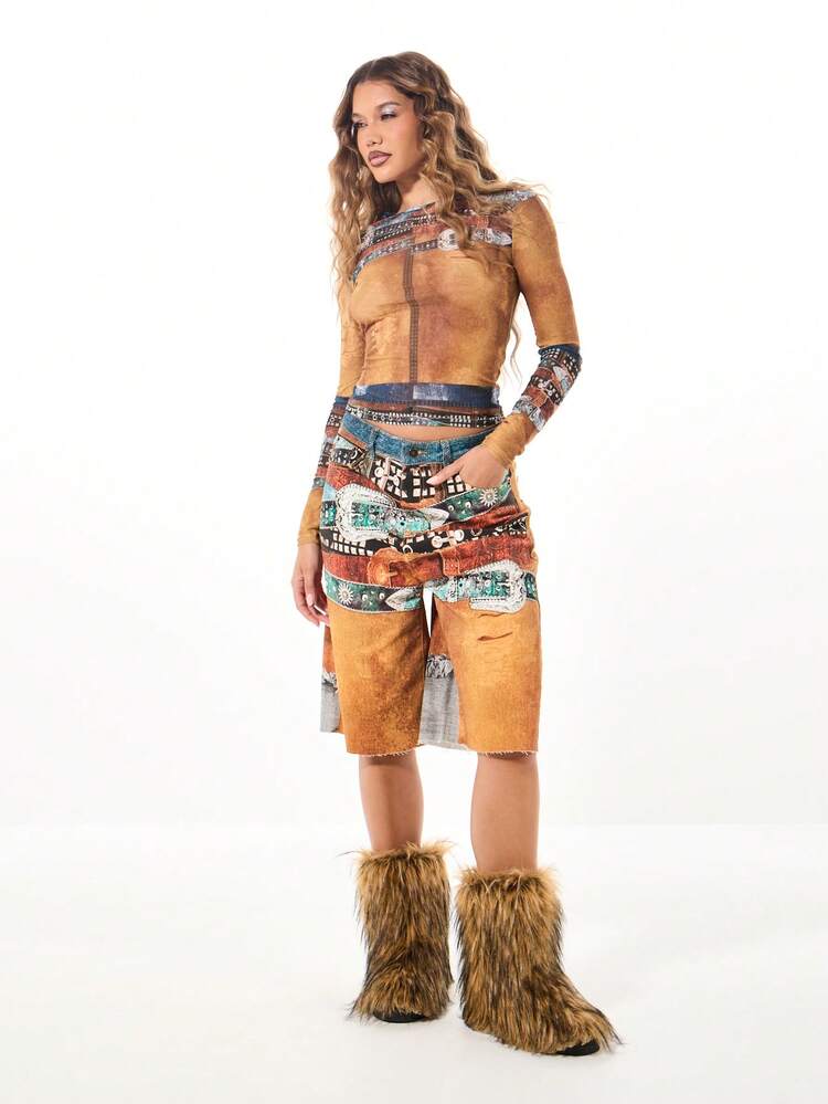 SUMWON WOMEN Belt Print Denim Longline Wide Leg Jorts With Distressed Hem