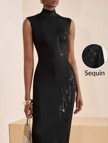 Zivah 2025 年秋季新款音乐节、复活节、圣帕特里克节、西部风、游牧风、生日派对、毕业季、学院风、学生装、日常休闲、基本百搭、休闲、度假、邮轮旅行、海滩、日光浴、病毒式传播、街头服饰、婚礼宾客波西米亚风、通勤、早午餐、机场、派对和节日服装优雅无袖超长紧身连衣裙，黑色闪亮亮片刺绣面料 - 黑色 - 查看 1