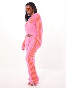 SUMWON WOMEN 奢华珍珠装饰针织裤柔软蓬松纹理阔腿冬季休闲装舒适休闲高腰裤珍珠细节节日派对 - 粉色 - 查看 5