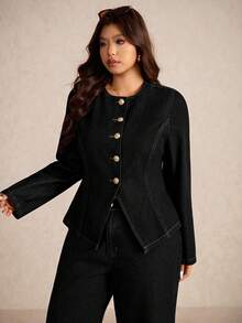 Elaquor Áo khoác denim dài tay màu trơn thường ngày cỡ lớn dành cho nữ - màu đen - Xem 3