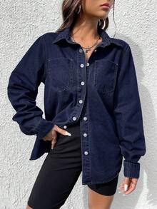 SHEIN ICON 女式时尚休闲纽扣长袖牛仔衬衫 - 深色水洗藍 - 查看 3