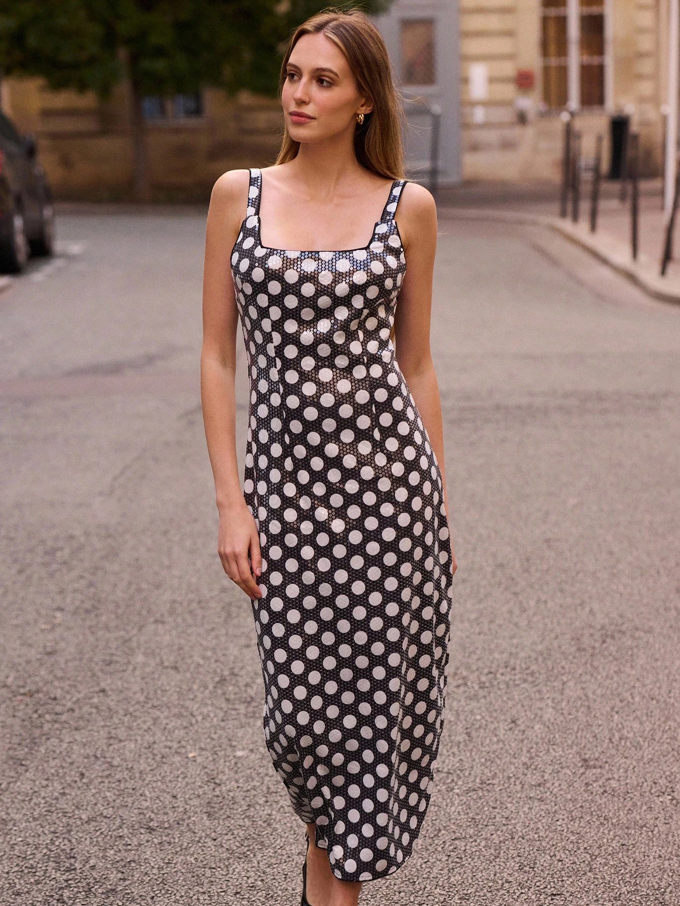 Polka Dot Sequin Square Neck Strappy Midi Dress Party Dress Spring Women Clothes Spring Dress Premium Dress Party Dress Going Out Dress  New Year Party Outfits French Style Parisian Style