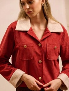 lacRébo Faux Suedette Jacket With Contrast Sherpa Collar And Cuffs Spring Women Spring Red Jacket Premium Jacket New Year Red Button Up - Burgundy - View 4