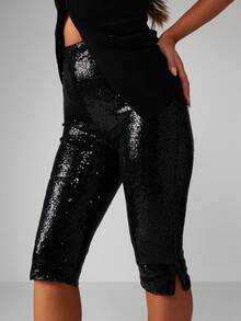 MISSGUIDED Quần lửng lửng đính sequin, cạp cao, thích hợp cho tiệc tối, đi chơi đêm, lễ hội, năm mới, biểu diễn. - màu đen - Xem 1