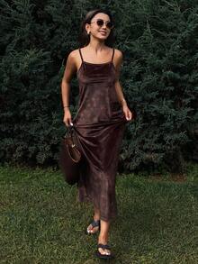 DAZY Velvet Floral Print Slip Dress, Straight Casual Dress For Women, Autumn/Winter Dress - Brown - View 1