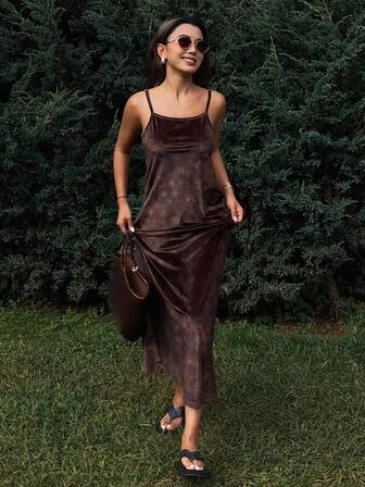 DAZY Velvet Floral Print Slip Dress, Straight Casual Dress For Women, Autumn/Winter