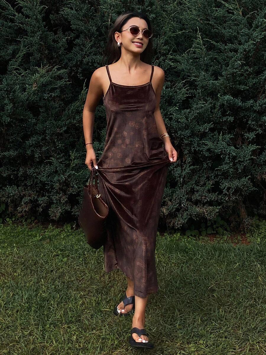 DAZY Velvet Floral Print Slip Dress, Straight Casual Dress For Women, Autumn/Winter Dress - Brown - View 1