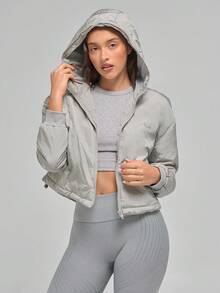 Menodora SHEIN Sport Chaqueta casual con capucha y cremallera de unicolor para mujeres, ropa de otoño e invierno - Plateado - Ver 3