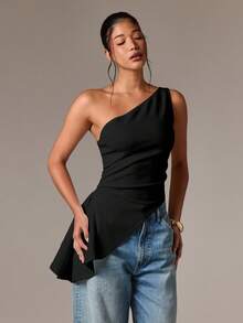 AiiRZ Elegant Asymmetric One Shoulder Peplum Blouse With Ruched Waist Side Drape Evening Party Top Occasion Wear Holiday Festive Fall Winter - Black - View 5