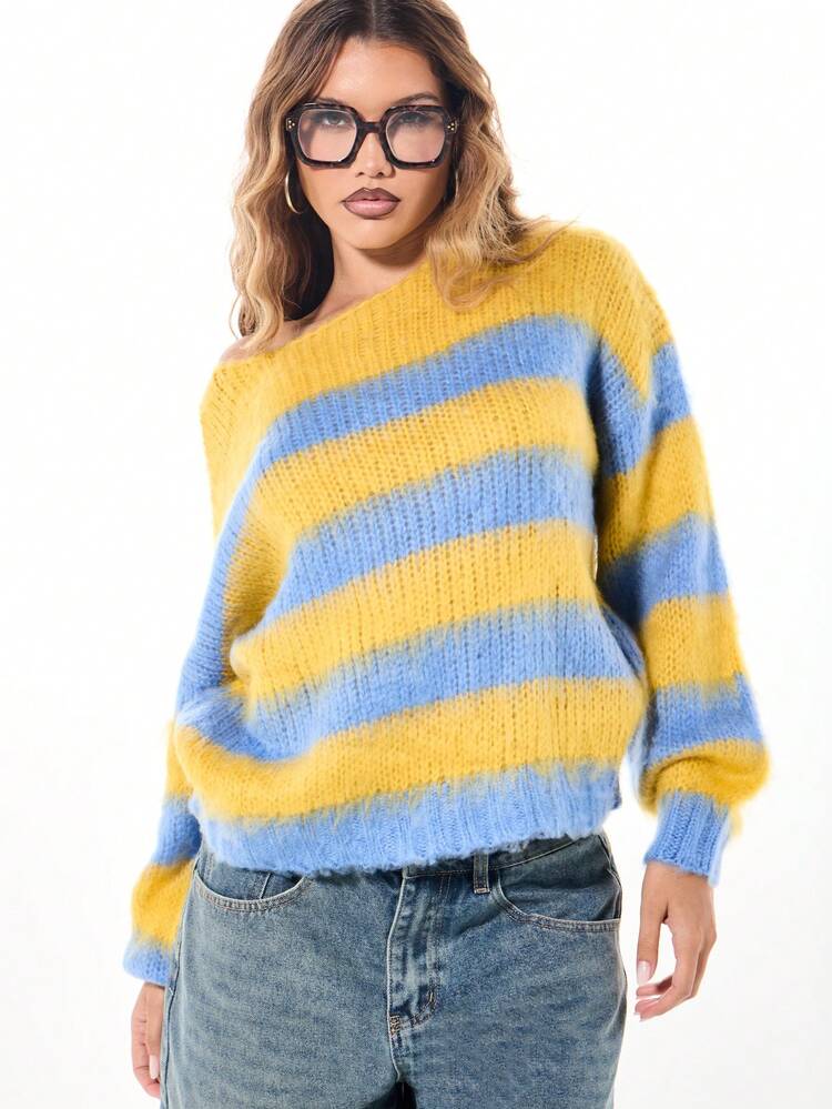 SUMWON Soft Chunky Knit Balloon Sleeve Oversized Sweater Thick Warm Color Block Fall Winter Pullover Jumper With Ribbed Cuffs And Hem Collegiate Knitwear