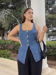 Nezia Cruz 女式方领单排扣无袖休闲牛仔上衣