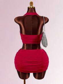 Amplova 女式水钻装饰两件套：性感低胸上衣和超低腰镂空蝴蝶结露背裙 - 酒紅色 - 查看 3