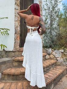 Bearsaez Women's Shirred Pleated Waistband Ruffle Trim Beach Maxi Dress, Lightweight Split Long Dress For Summer Beach Vacation - White - View 2