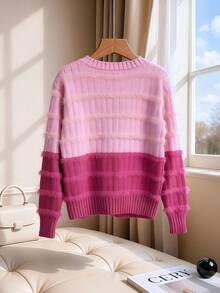 Qadelle Women's Contrast Color V-Neck Long Sleeve Casual Loose Knit Sweater, Autumn/Winter - Pink - View 2