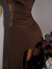 Amplova Y2K Retro Romance Plus Size Women Embroidered Fitted Halter Tie Back Dress Brown Dresses Classy Elegant
