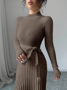 Rafferiza 女式简约纯色立领插肩长袖百褶时尚连衣裙 - 棕色 - 查看 5