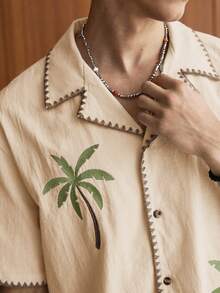 SWAVVY Bộ 2 áo sơ mi tay ngắn dáng rộng thoải mái cho nam và quần short ống đứng cạp chun, trang phục ấm áp - Lạc đà - Xem 4