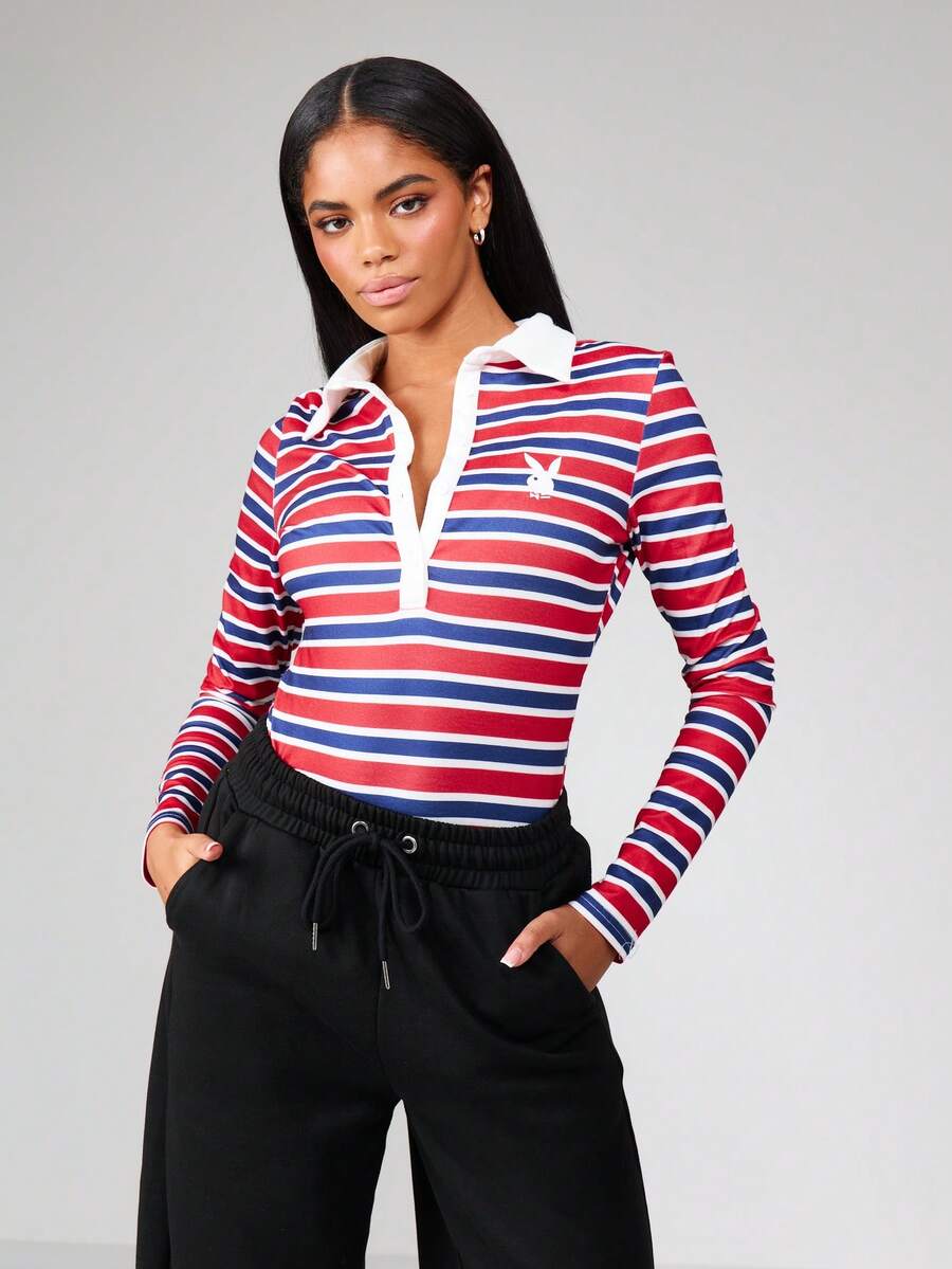 Missguided x Playboy Bộ đồ liền thân polo sọc dài tay cổ điển ôm vừa vặn, dệt kim gân, cổ bẻ, một mảnh, bộ đồ liền thân cơ bản, thời trang thu đông, cổ điển, thiết yếu - Nhiều màu - Xem 1