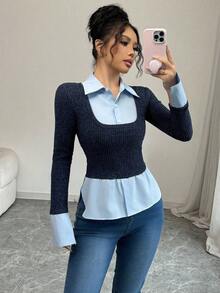 Selianne French Stylish 2 In 1 Collared T-Shirt With Contrast Panel, New Design Niche For Spring & Autumn Graphic Tees Women Tops Fall Cloth For Women - Multicolor - View 5
