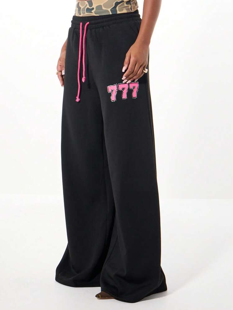 SUMWON WOMEN Wide Leg Pants With Rhinestone Number Print