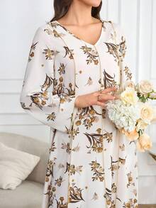 Al Najma 女式花卉印花 V 领喇叭袖宽松阿拉伯风格长裙，春秋装 - 黃色 - 查看 3