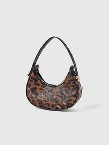 ROMWE Goth Mini Cute Leopard Print Small Handbag For Women, Fashionable Half-Moon Shaped Bag, High-Quality Tote Bag, Leopard Print Purse For Women Leopard Comeback, Animal Print Women Bag - Brown - View 4