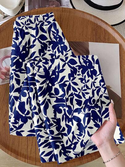 Rusticease Pantalones anchos casuales y elegantes con cintura elástica y estampado floral y de hojas, cómodos para otoño/invierno