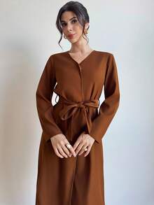 Firerie Women's Elegant, Refined, Dignified Daily, Street Fashion, Commute, Teacher Cape-Style With Belt, Metal Button Decor A-Line Mid-Length Camel Regular Coat, Autumn Winter For Women Coffee Brown French Style - Camel - View 8