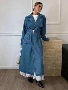 DAZY 女式秋季翻领系腰牛仔风衣夹克