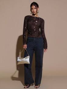 SHEIN BAE Women's Fashionable Sexy Sequin Backless Long Sleeve T-Shirt